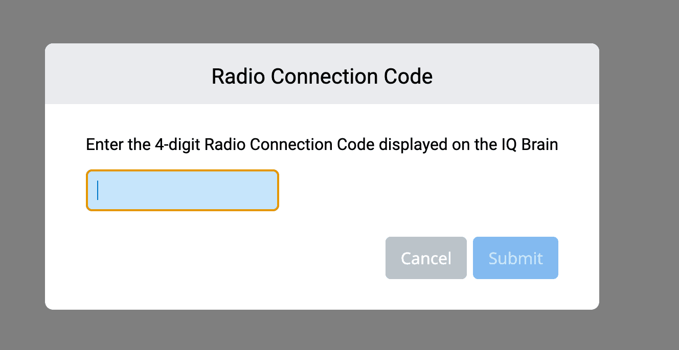 Uno screenshot ravvicinato della finestra di dialogo Codice di connessione radio. Viene visualizzato il messaggio Inserisci il codice di connessione radio a 4 cifre sull'IQ Brain, con un cursore nella casella di testo che indica dove digitare i numeri.