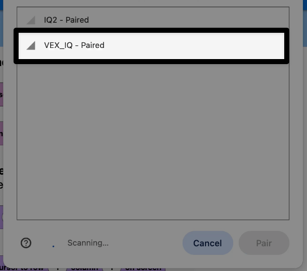 Tangkapan layar close-up opsi pemilihan Otak di VEXcode IQ berbasis web, dengan opsi VEX_IQ berada pada posisi kedua dalam daftar yang disorot. 