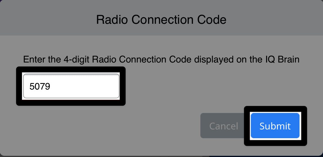 En skärmdump av samma radioanslutningsdialogruta som tidigare, nu med Bluetooth-ID 5079 angett i textrutan och knappen Skicka markerad i det nedre högra hörnet.
