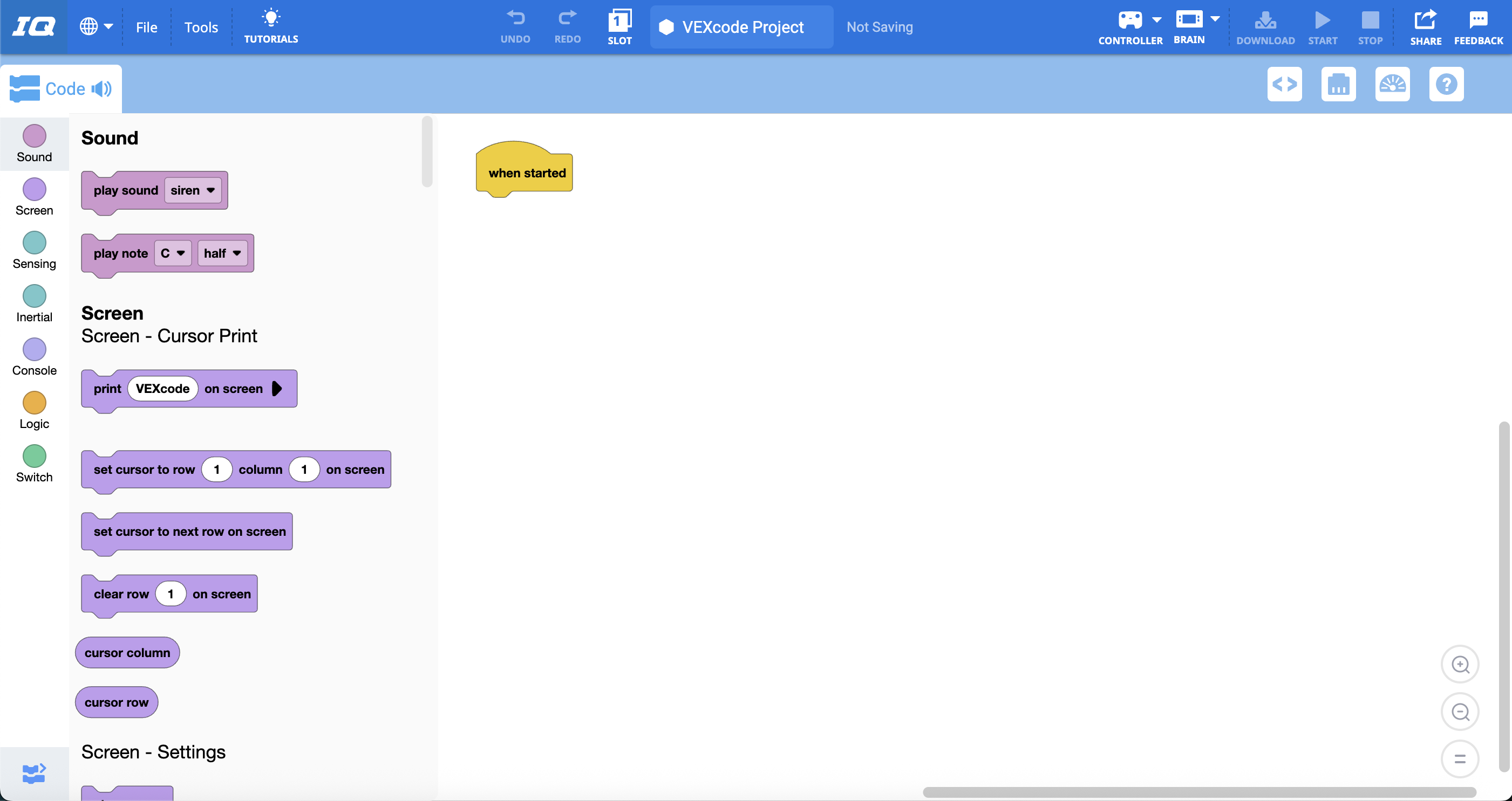 VEXcode IQ після відкриття, з блоком When started у робочій області.