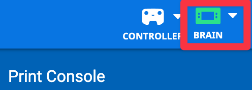 VEXcode IQ Toolbar mit hervorgehobenem grünen Gehirn-Symbol, was darauf hinweist, dass das Gehirn verbunden ist.