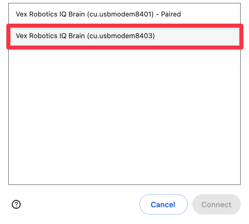 macOS または Chromebook ブラウザの接続ウィンドウ。VEX Robotics IQ Brain というタイトルの 2 つの項目が表示されます。 1 つのアイテムはすでにペアリングされており、ID 番号は 8401 です。もう 1 つのアイテムの ID 番号は 8403 です。 ID 8403 の項目が強調表示されます。