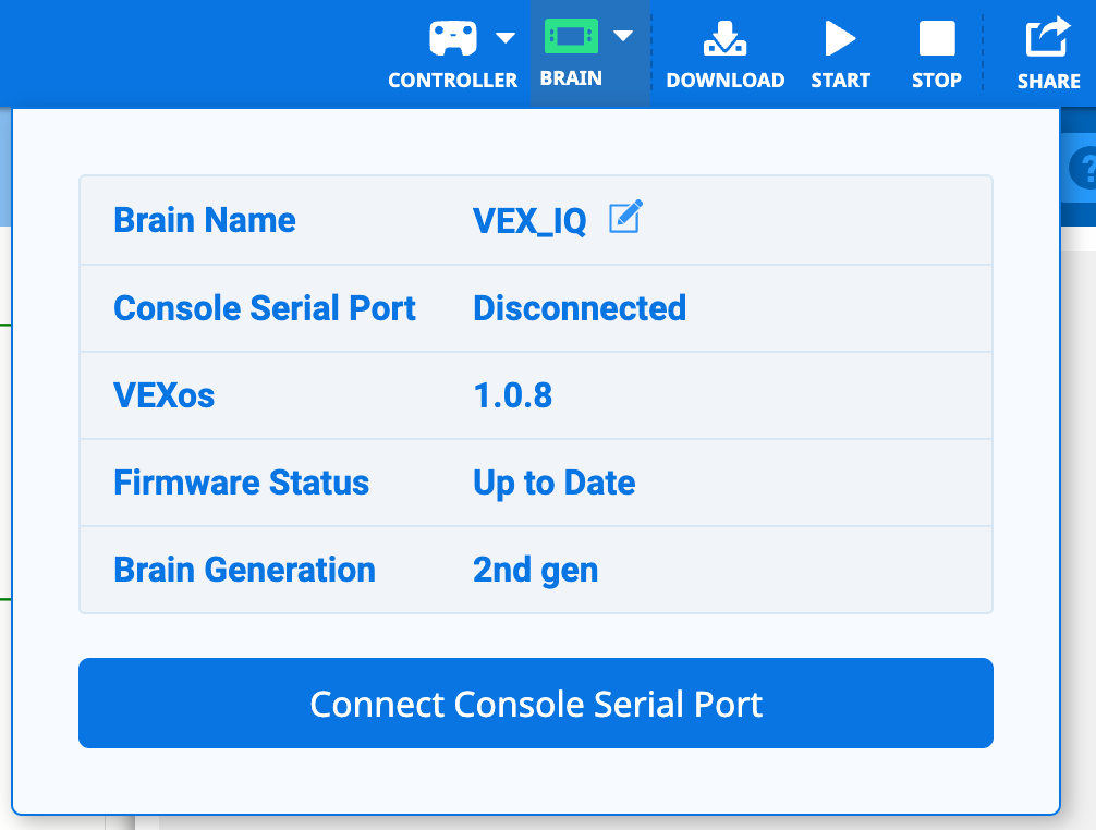VEXcode IQ con el menú desplegable Brain abierto y un Brain ya conectado. El estado del puerto serie de la consola está desconectado y el botón a continuación indica Conectar puerto serie de la consola.