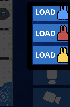 Kolme latauspainiketta, joissa on neula ja sana "load", on korostettu. Alhaalta ylös painikkeet ovat keltainen Pin, punainen Pin, sininen Pin.