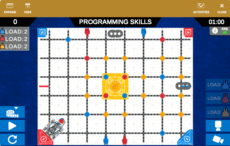 All'apertura, si apre la finestra VIQRC Mix and Match Playground, con la dicitura Competenze di programmazione in alto e una vista dall'alto dell'Hero Bot nell'angolo in basso a sinistra del campo.