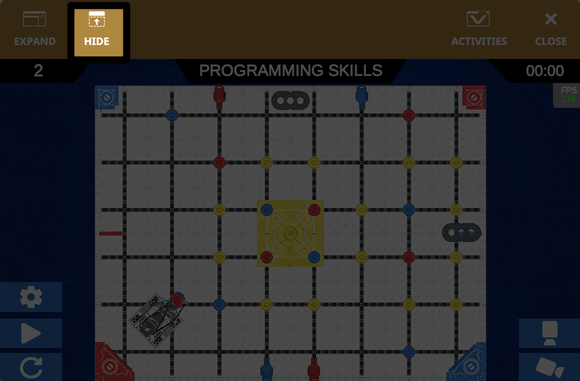 Ойын алаңы терезесінің жоғарғы сол жақ бұрышындағы жасыру түймесі.