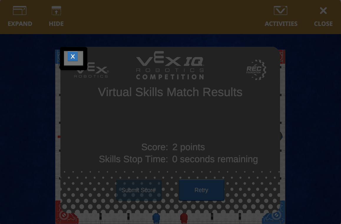 Matchresultatfönstret med x markerat i det övre vänstra hörnet.