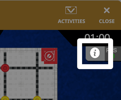 Una captura de pantalla de primer plano de la esquina superior derecha de la ventana de Playground, con el ícono i resaltado, debajo del temporizador.