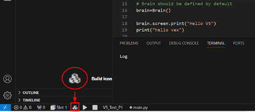 „Vex V5 VS Code Extension“ sąsajos ekrano kopija, kurioje rodomos „VEX“ robotikos programavimui skirtos funkcijos ir įrankiai, įskaitant kodo redagavimo parinktis ir projektų valdymo įrankius.