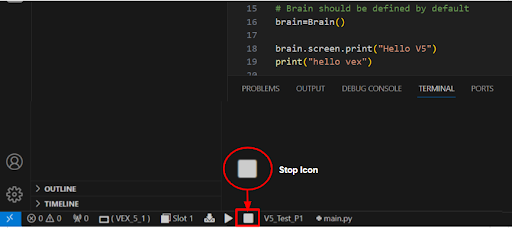„Visual Studio Code“ VEX V5 kodo plėtinio sąsajos ekrano kopija, kurioje rodomos įvairios kodavimo funkcijos ir parinktys, skirtos VEX robotų programavimui.