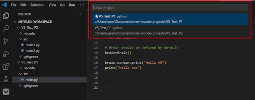 Skärmdump av VEX V5 Code Extension-gränssnittet i Visual Studio Code, som visar funktioner och verktyg som är tillgängliga för programmering av VEX-robotar.