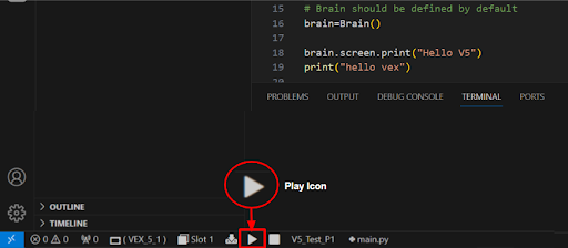 Tangkapan layar antarmuka Ekstensi Kode VEX V5 di Visual Studio Code, yang memamerkan fitur dan alat untuk pemrograman robotika VEX.
