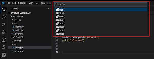 Visual Studio Code の VEX V5 コード拡張インターフェースのスクリーンショット。VEX ロボットのプログラミングに使用できるさまざまな機能とツールを紹介しています。