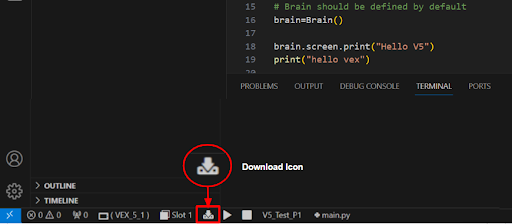 Visual Studio Code'da VEX V5 Kod Uzantısı arayüzünün ekran görüntüsü, VEX robotik programlama için kullanılabilen özellikleri ve araçları sergiliyor.