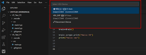 Visual Studio Code'da VEX V5 Kod Uzantısı arayüzünün ekran görüntüsü, VEX robotik programlama için kullanılabilen özellikleri ve araçları sergiliyor.