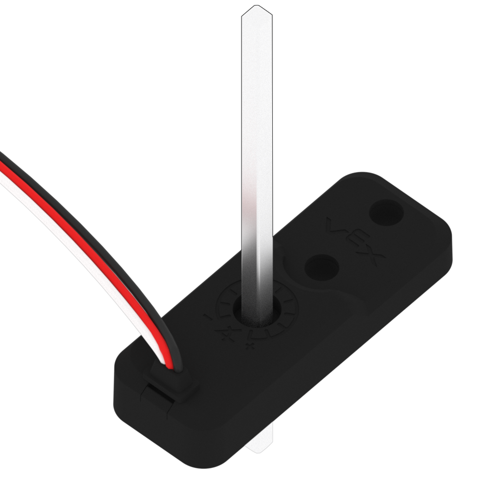 Potensiometer VEX V5 V2 memiliki desain lubang tembus yang memungkinkan poros persegi melewatinya untuk pemasangan yang fleksibel.