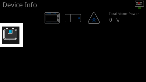 La pantalla de información del dispositivo que muestra los componentes conectados en el VEX V5 Brain. La pantalla muestra representaciones gráficas de los dispositivos conectados, incluido el cerebro, un motor y el sensor de visión. El icono del sensor de visión está resaltado con un borde blanco.