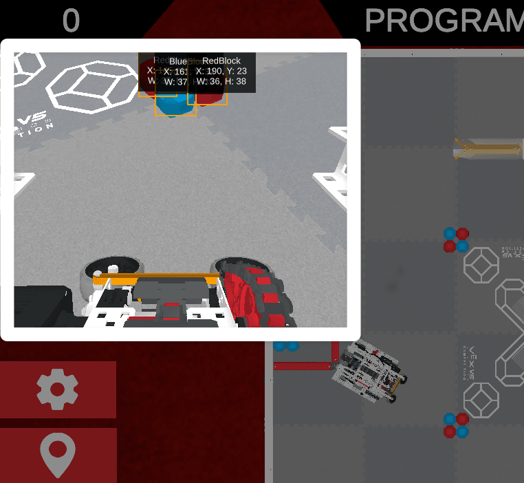 Uno screenshot ravvicinato della parte sinistra della finestra Playground, con il visualizzatore AI Vision aperto ed evidenziato, che mostra i dati X, Y, larghezza e altezza per i blocchi rossi e blu in vista del sensore. 