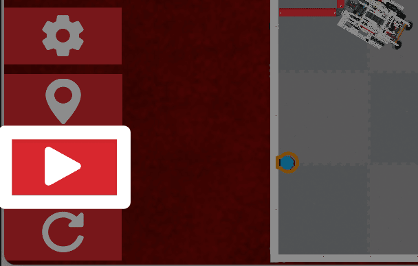 Una captura de pantalla de primer plano de la esquina inferior izquierda de la ventana de Playground, que muestra cuatro botones. El botón Inicio, un triángulo blanco que mira hacia la derecha, el tercer botón entre los botones de ubicación y reinicio, está resaltado.