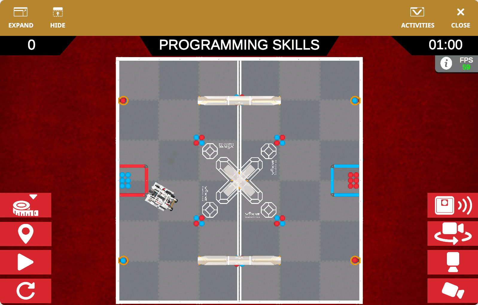 Das V5RC Push Back Playground-Fenster öffnet sich und zeigt oben die Aufschrift „Programmierkenntnisse“ sowie eine Draufsicht auf den Hero Bot auf dem Spielfeld.