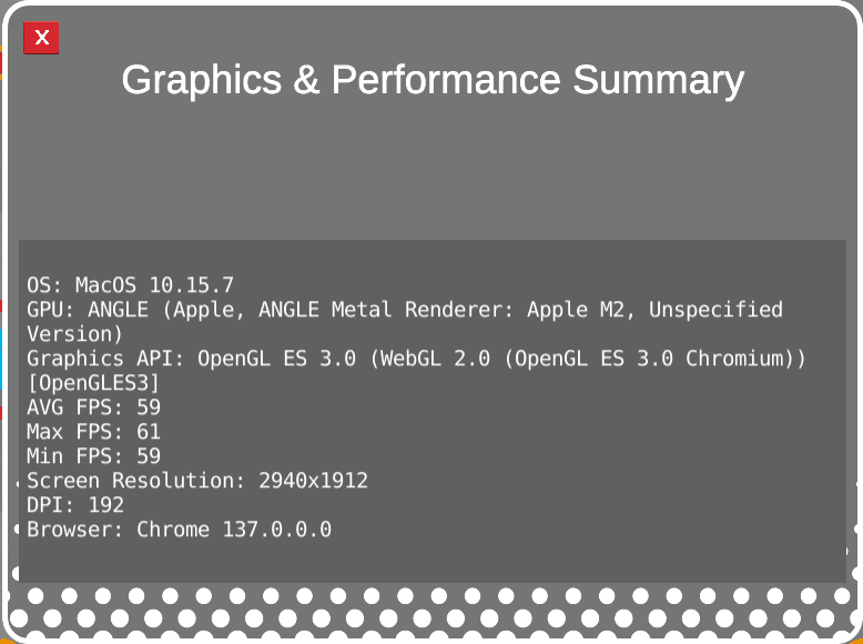 Een close-up screenshot van het Graphics and Performance Summary-venster, met informatie over de computer waarop VEXcode VR draait. In de linkerbovenhoek bevindt zich een X-knop om het venster te sluiten.