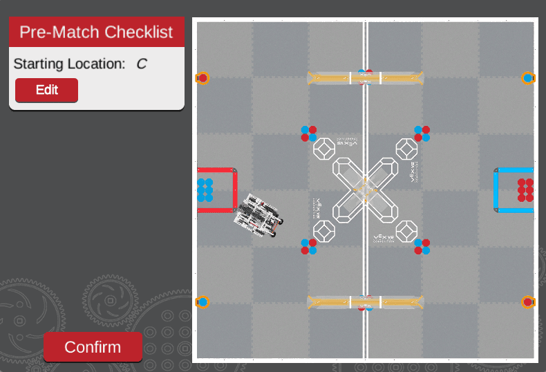 Uno screenshot della finestra della checklist pre-partita. Sul lato sinistro, la checklist pre-partita è etichettata e riporta la dicitura Posizione di partenza C, con un pulsante di modifica sottostante. A destra è visibile una vista dall'alto del campo di spinta V5RC. Nell'angolo in basso a sinistra si trova il pulsante Conferma.