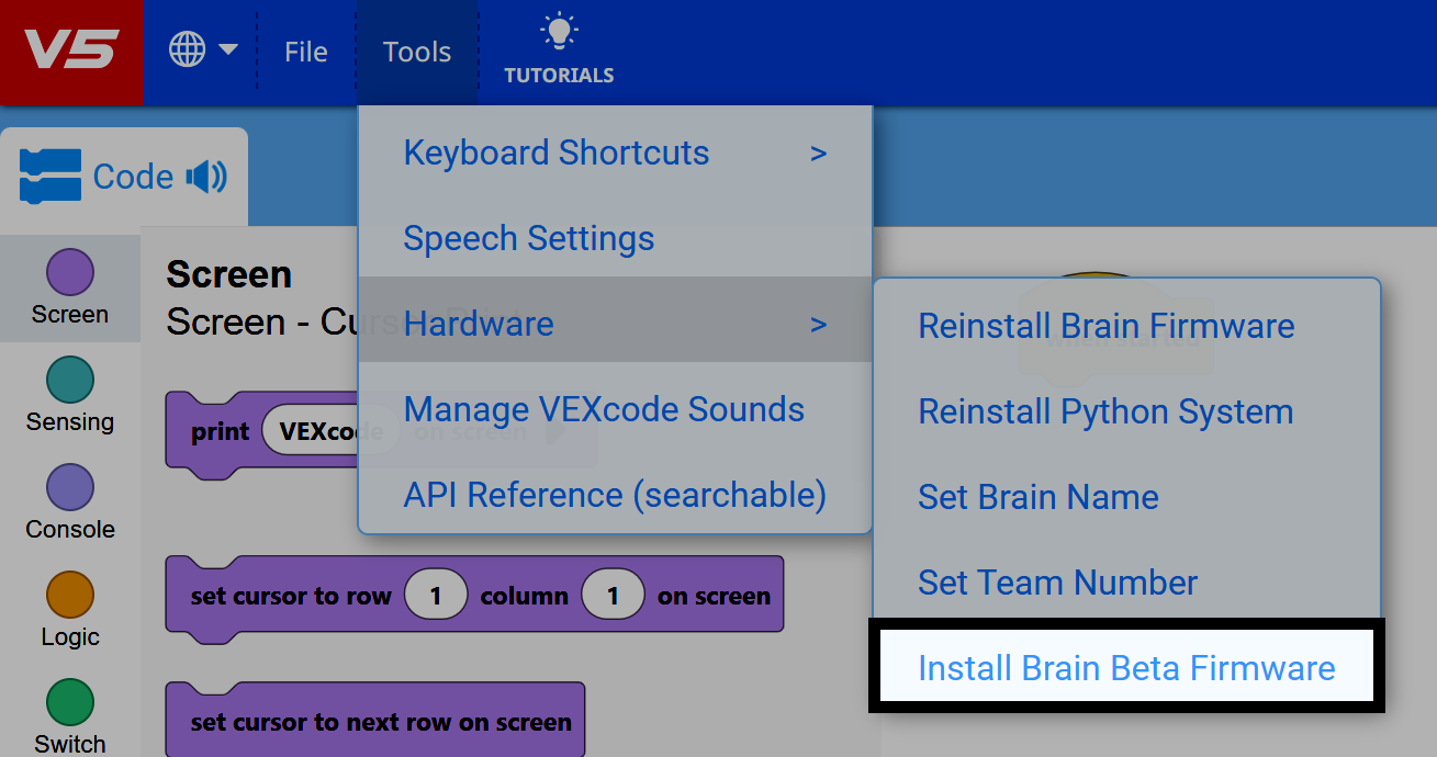 VEXcode V5 Tools-menu met het Hardware-submenu uitgebreid en de optie Brain Beta Firmware installeren gemarkeerd.