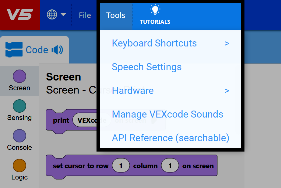 VEXcode V5 ツール メニューが開き、キーボード ショートカット、音声設定、ハードウェア、VEXcode サウンドの管理、API リファレンス (検索可能) などのオプションが表示されます。