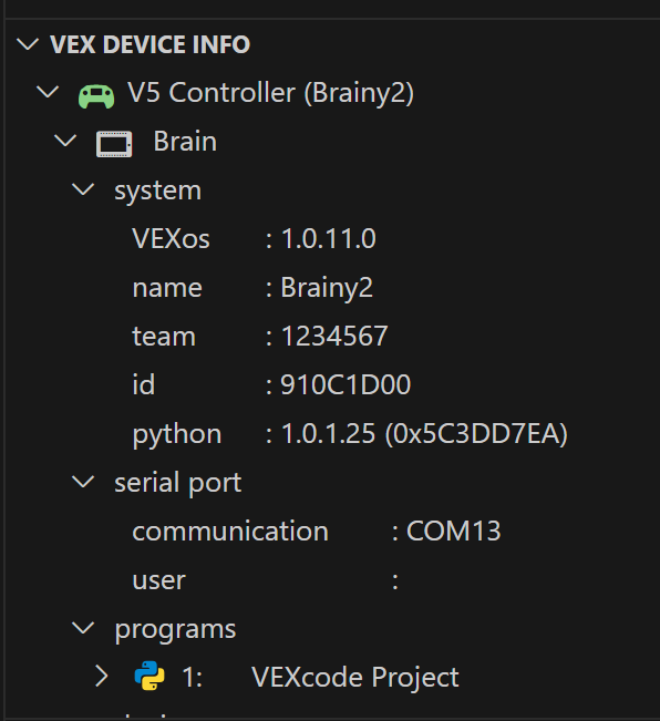 Pannello Informazioni dispositivo VEX in Visual Studio Code che mostra V5 Controller Brainy2 con VEXos versione 1.0.11.0, team 1234567 e Python 1.0.1.25.