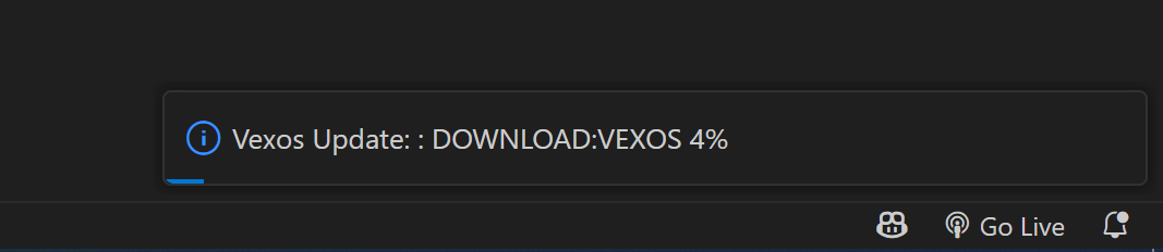 A Visual Studio Code értesítése a VEXos frissítésének folyamatáról „LETÖLTÉS: VEXOS 4%.” állapottal jelenik meg.