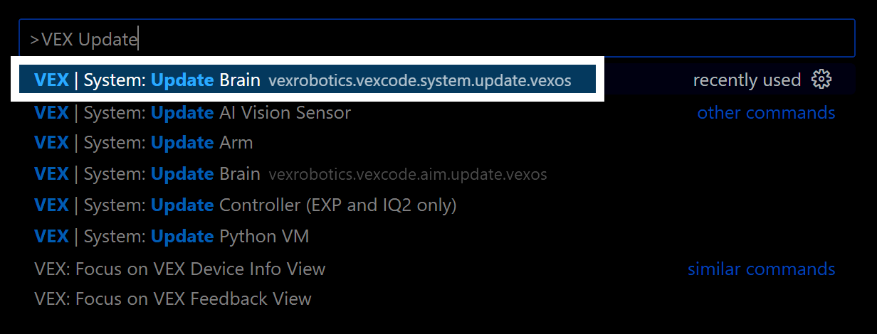 จานสีคำสั่งใน Visual Studio Code ที่มีการพิมพ์ 'VEX Update' และไฮไลต์ตัวเลือก System: Update Brain
