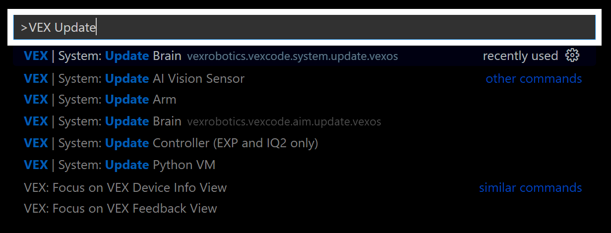 Parancspaletta a Visual Studio Code-ban a „VEX Update” beírt értékkel, amely az elérhető frissítési parancsokat mutatja, beleértve a Brain, AI Vision Sensor, Arm, Controller és Python VM parancsokat.