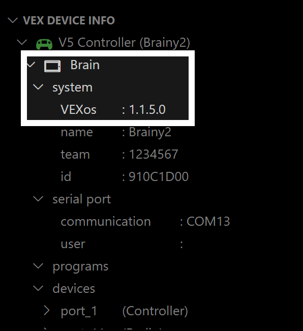 VEX įrenginio informacijos skydelis, kuriame rodomi VEX atnaujinimai į 1.1.5.0 versiją naudojant V5 valdiklį „Brainy2“.