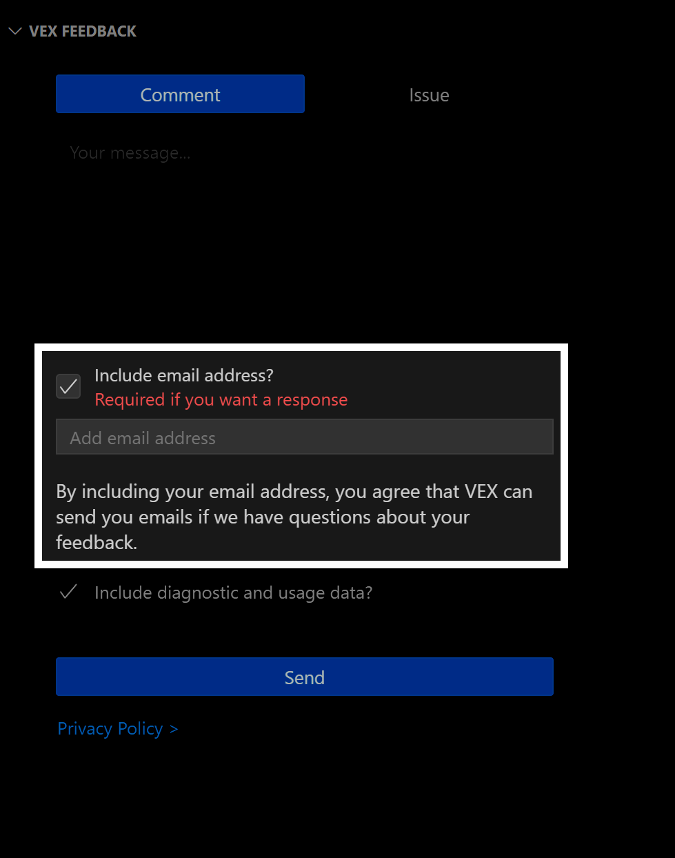 Sezione Feedback VEX del menu laterale dell'estensione VEX Robotics. Sotto il campo di testo c'è una casella di controllo per includere un indirizzo email nel feedback. Sono evidenziati sia la casella di controllo che il campo per inserire l'indirizzo email.