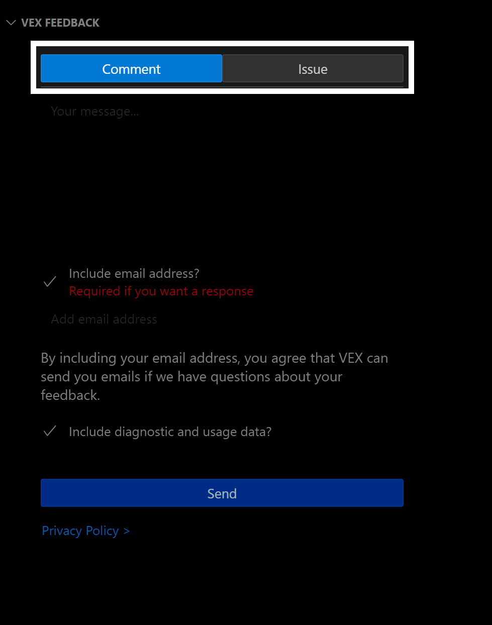 VEX Robotics Extension yan menüsünün VEX Geri Bildirim bölümü. Bölümün üst kısmında, genel bir yorum veya belirli bir sorun arasında seçim yapmak için kullanılabilen Yorum ve Sorun düğmeleri vurgulanmıştır.