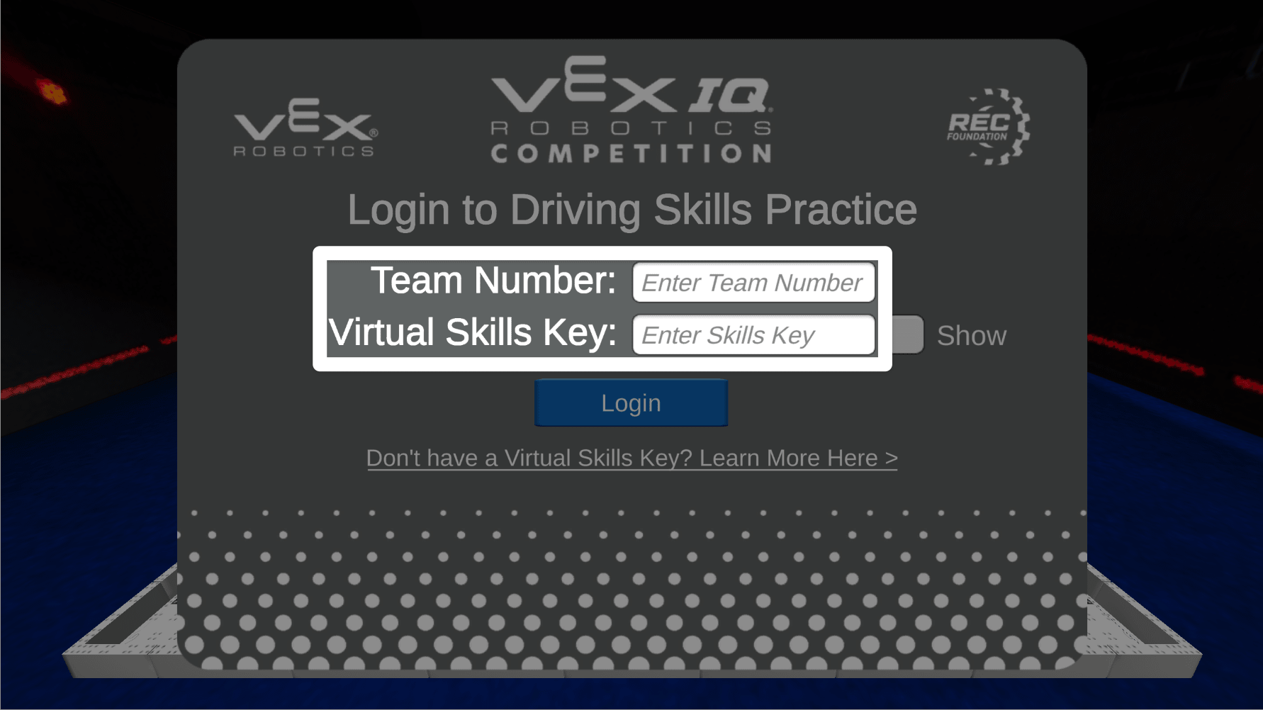 Écran de connexion dans la fenêtre d'entraînement des compétences de conduite virtuelle. Les champs permettant de saisir le numéro d'équipe et la clé des compétences virtuelles sont mis en évidence.