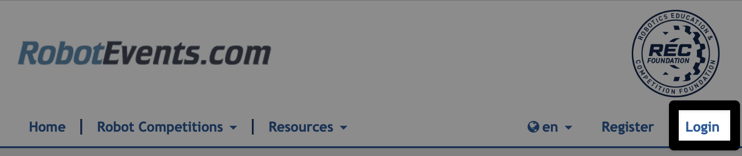 VEX Robot Events web sitesinin üst kısmının ekran görüntüsü, en sağda, Kayıt'ın yanında ve REC logosunun altında Giriş seçeneği vurgulanıyor.