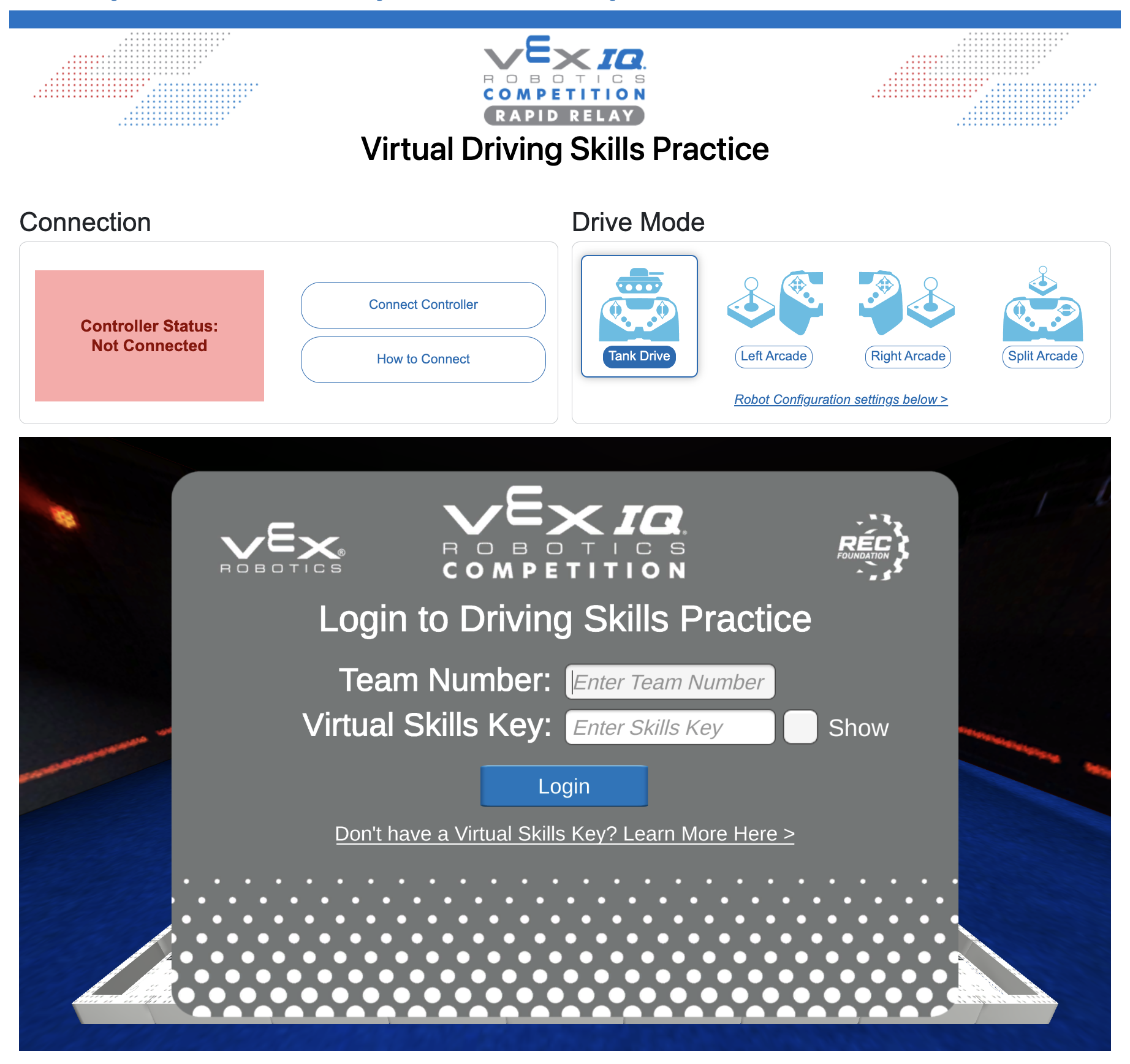 VEX VIQRC virtuālo braukšanas prasmju praktizēšanas lapa. Zem savienojuma un braukšanas režīma iestatījumiem ir braukšanas prasmju prakses pieteikšanās logs ar laukiem komandas numuram un virtuālajai prasmju atslēgai.