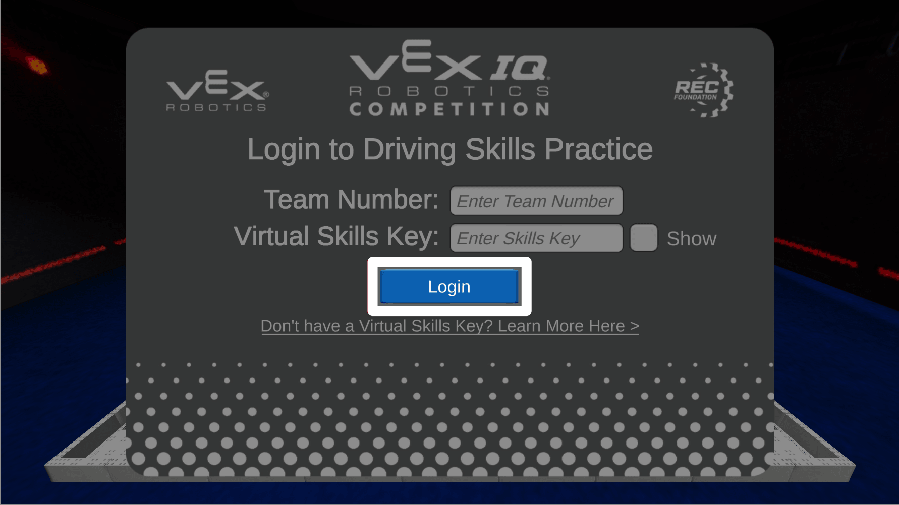 La misma imagen que la anterior, ahora con el botón Login debajo del campo Virtual Skills Key resaltado.