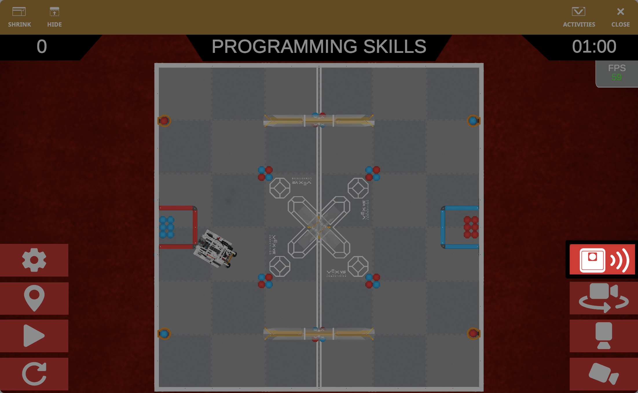 V5RC Push Back-lekplats i VEXcode VR med AI Vision Sensor-snapshot-knappens bildtext.