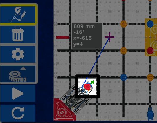 Dezelfde afbeelding als de vorige, met een markering rond de klauw van de robot en de groene pijl die diagonaal omhoog loopt in een hoek van ongeveer 45 graden, waarmee de voorwaartse richting van de robot wordt aangegeven.