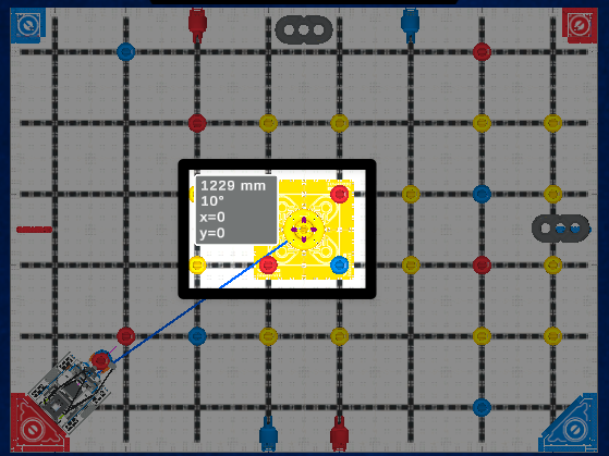 Een bovenaanzicht van het VIQRC Mix and Match Virtual Skills Field met een toegevoegd waypoint in het midden van het standoff-doel in het midden van het veld. De waypoint- en navigatiegegevens worden gemarkeerd en luiden: 1229 mm, 10 graden, x is gelijk aan 0, y is gelijk aan 0. Een blauwe lijn verbindt het midden van de robot in de startpositie in de linker benedenhoek met het waypoint.