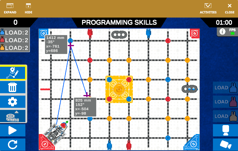De VIQRC Mix and Match Virtual Skills maken het Playground-venster compleet, met de navigatiekitknoppen aan de linkerkant geopend en twee waypoints toegevoegd aan het linkergedeelte van de Playground. Er loopt een blauwe lijn van het midden van de robot op de startlocatie in de linker benedenhoek naar het midden, naar een kruissymbool met de volgende gegevens: 1412 mm, -35 graden, x=-761, y=686. Vanaf dat kruis loopt een blauwe lijn diagonaal naar beneden naar rechts naar het volgende kruis, met de volgende gegevens: 825 mm, 152 graden, x=-504, y=-98.
