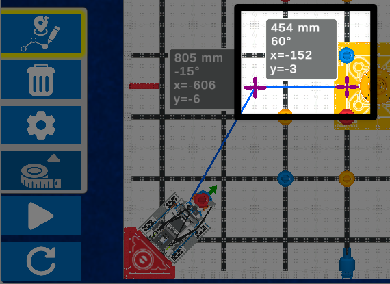 Dezelfde afbeelding als de vorige, met een tweede waypointkruis direct rechts van het eerste toegevoegd, op het gele vloerdoelgebied. Er loopt een blauwe lijn tussen de twee waypointkruizen. Nieuwe navigatiegegevens voor het tweede waypoint: 454 mm, 61 graden, x = -152, y = -3.