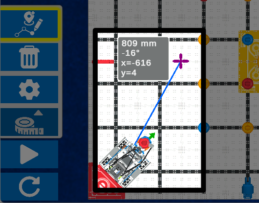 La même image que la précédente, avec la zone mise en évidence étendue pour inclure le robot et la ligne bleue s'étendant du point central du robot jusqu'au symbole de croix du point de passage.