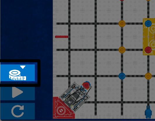 Una captura de pantalla en primer plano de la parte inferior izquierda del patio de juegos de habilidades virtuales Mix and Match, con el robot en su posición inicial en la esquina inferior izquierda mirando hacia el centro. A la izquierda del patio de recreo hay un conjunto de tres botones colocados verticalmente. El botón del kit de navegación está resaltado en la parte superior, con una cinta métrica blanca con un icono de flecha orientado hacia abajo. 