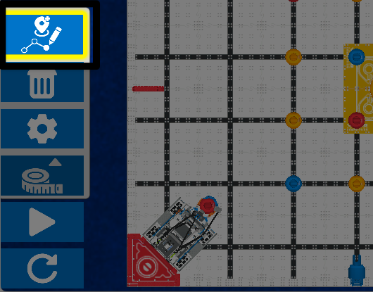 Gambar yang sama seperti sebelumnya, dengan tiga tombol tambahan terbuka di atas tombol Navigation Kit. Di bagian atas, tombol titik arah, ikon lokasi berwarna putih dengan pensil yang menggambar jalur, disorot dengan warna kuning, yang menunjukkan bahwa Navigation Kit 'aktif' dan titik arah dapat ditambahkan atau diedit di Playground.