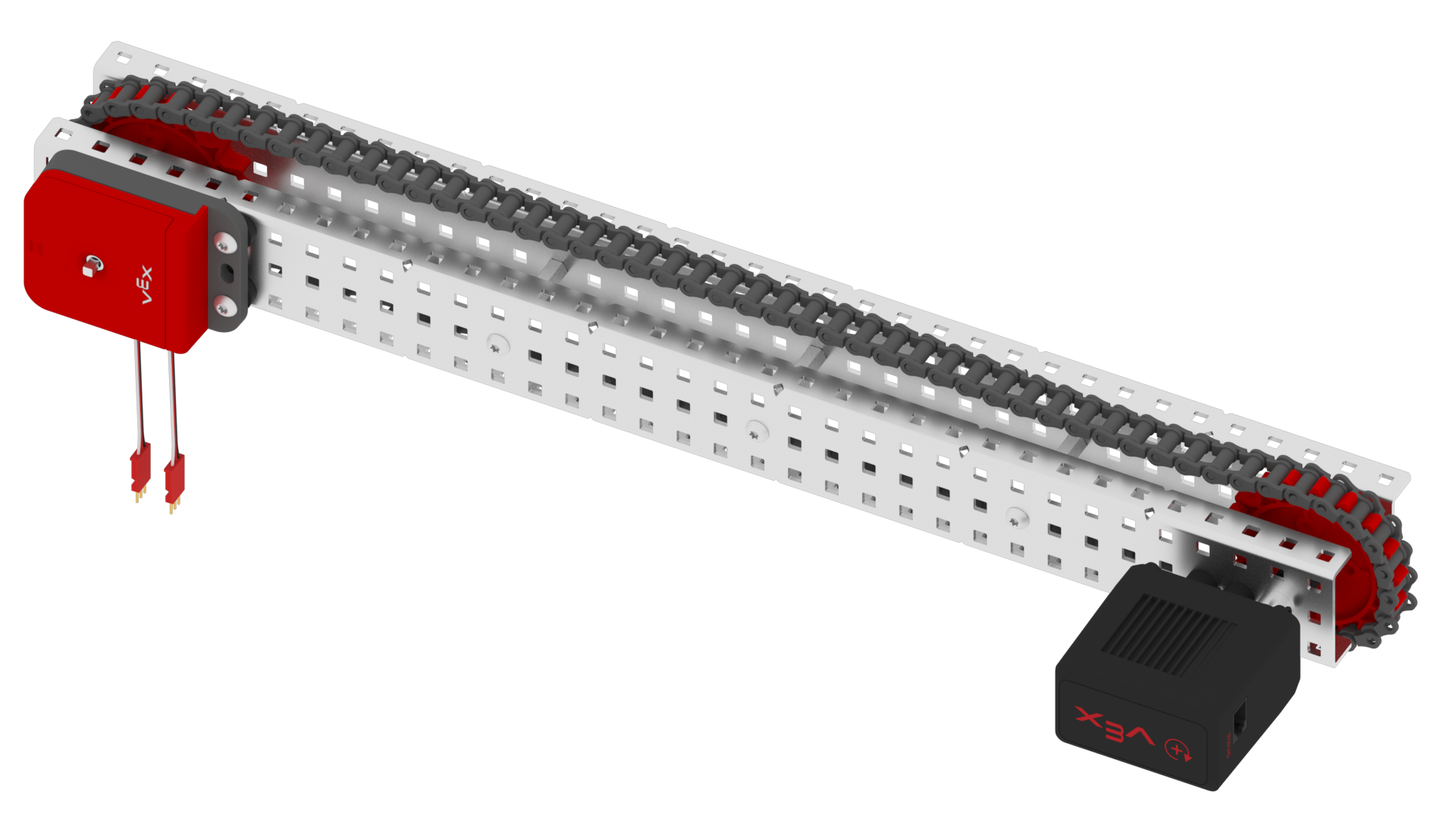 Optical Shaft Encoder is shown connected to a chain conveyor system that connects the Encoder to a Smart Motor so its rotation can be measured.