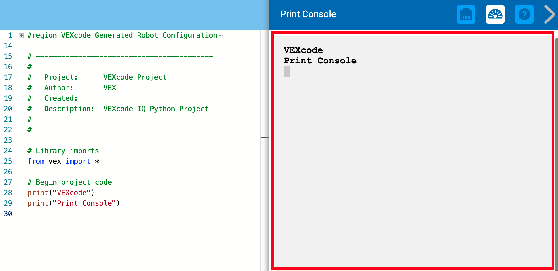 Использование консоли печати в VEXcode IQ с Python – Библиотека VEX