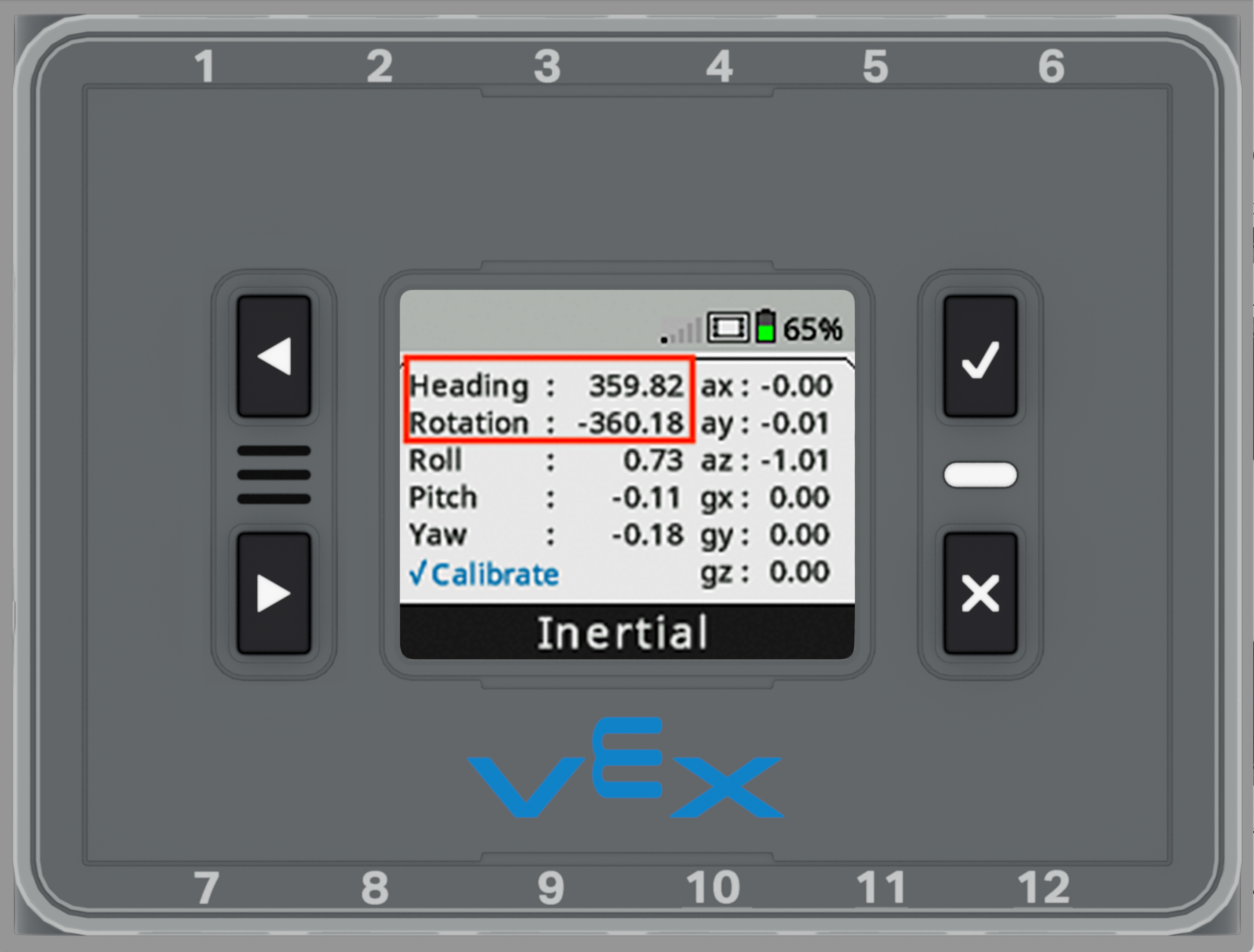 Brain screen is shown with the Inertial Sensor Dashboard opened and with the Rotation and Heading values highlighted. The Heading value now reads 359.82 and the Rotation value reads negative 360.18.